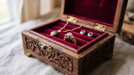 Ornate carved wooden jewelry box with red velvet lining holding a diamond ring and gemstone earrings — 5K Ultra HD PC desktop wallpaper and background.