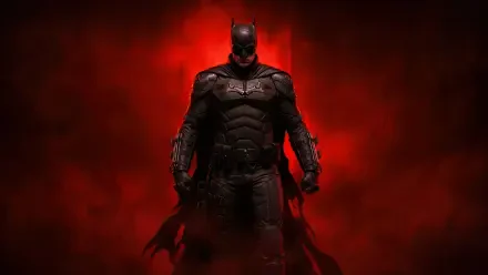 4K Ultra HD PC desktop wallpaper of Batman in an armored Batsuit emerging from red smoke, dramatic low-key lighting and an imposing silhouette.