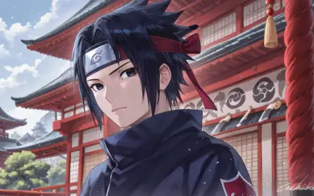 Sasuke Uchiha (Naruto) in a detailed anime portrait before a red shrine, wearing a headband and dark cloak — 4K Ultra HD PC desktop wallpaper/background