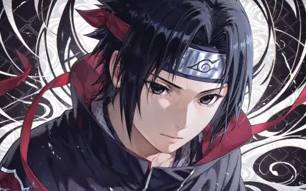 4K Ultra HD PC desktop wallpaper of Sasuke Uchiha from Naruto — close-up with headband, dark hair and red ribbon against a swirling black-and-white backdrop.