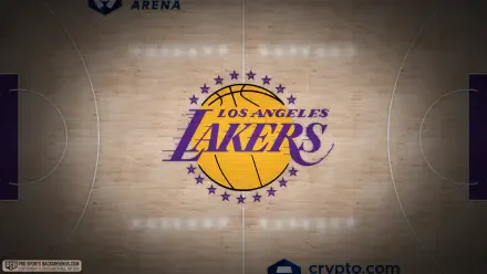 Los Angeles Lakers NBA basketball 4K Ultra HD PC desktop wallpaper and background: center-court Lakers logo on polished hardwood, purple and gold branding under arena lights.