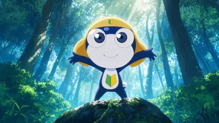 Tamama from Sgt. Frog, smiling with arms out on a mossy rock in a sunlit forest — cartoon 4K Ultra HD PC desktop wallpaper background.