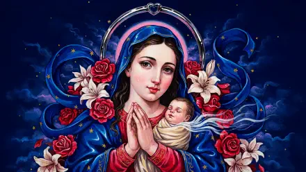 Vibrant religious art 4K desktop wallpaper of the Virgin Mary in a blue cloak praying, cradling baby Jesus amid red and white roses and a starry night background.