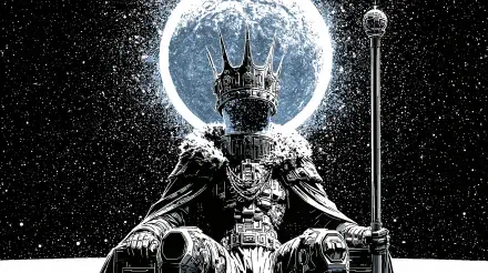Sci‑fi king in crown and armor seated on a throne with scepter beneath a glowing planet; 2K Quad HD PC desktop wallpaper background.