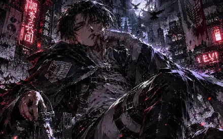 Levi Ackerman (anime) brooding in a rain-soaked, neon-lit dystopian alley, blades at hand — 4K Ultra HD PC Desktop Wallpaper and Background.