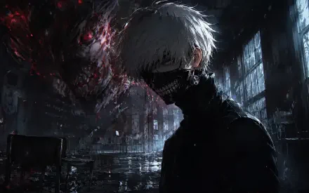 Ken Kaneki anime portrait in 4K Ultra HD PC desktop wallpaper: white-haired masked figure with one red eye and a ravenous kagune in a dark, rain-soaked ruined interior.