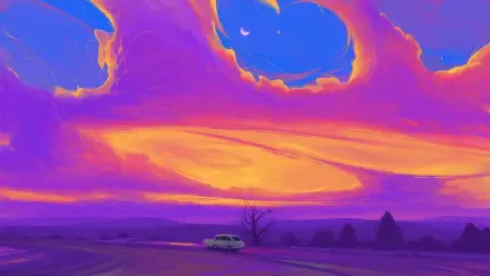 4K Ultra HD PC desktop wallpaper/background: lone tree beside a parked car on a quiet road beneath a vivid orange and purple sky.