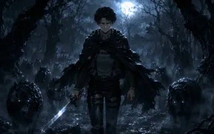 4K Ultra HD PC desktop wallpaper: anime Levi Ackerman stands in a moonlit, rain‑soaked forest, coat billowing and blade drawn, flanked by shadowy, wolflike figures.