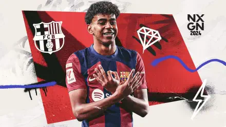 HD desktop wallpaper/background of a smiling FC Barcelona player in club kit making a celebratory hand gesture against a bold red graphic backdrop featuring the club crest.