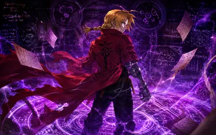 Edward Elric from Fullmetal Alchemist stands amid glowing purple alchemical circles and floating pages, red coat billowing — 4K Ultra HD anime PC desktop wallpaper.