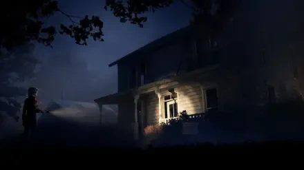 2K Quad HD PC wallpaper: Michael Myers (Halloween) looms as a shadowy figure outside a dim, decaying house at night — Halloween: The Game.