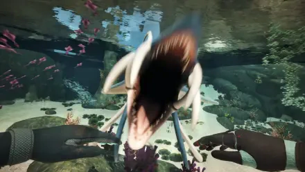 HD PC desktop wallpaper — Honeycomb: The World Beyond — first-person underwater view of gloved hands as a shark lunges toward the viewer amid coral and reef life.