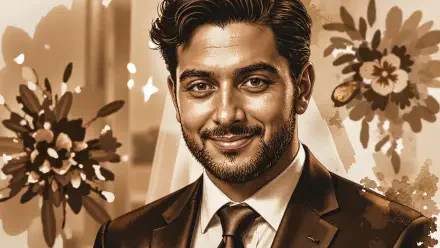 HD PC desktop wallpaper: portrait of a smiling groom in a tailored suit and tie, warm sepia tones with a soft floral background.