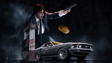 4K Ultra HD PC desktop wallpaper — John Wick figure in a suit aiming a pistol beside a classic Mustang at a rain-soaked gas pump, dramatic noir lighting and a floating gold coin.
