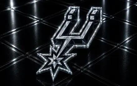 4K Ultra HD PC desktop wallpaper/background: reflective silver San Antonio Spurs NBA logo on a glossy black tiled surface with light highlights and mirrored reflections.