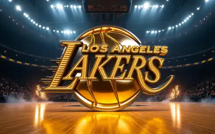 4K Ultra HD PC desktop wallpaper featuring the Los Angeles Lakers logo over a basketball and illuminated NBA arena hardwood court.