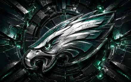4K Ultra HD PC desktop wallpaper: metallic Philadelphia Eagles NFL eagle head logo with emerald highlights on a shattered dark green and black textured background.