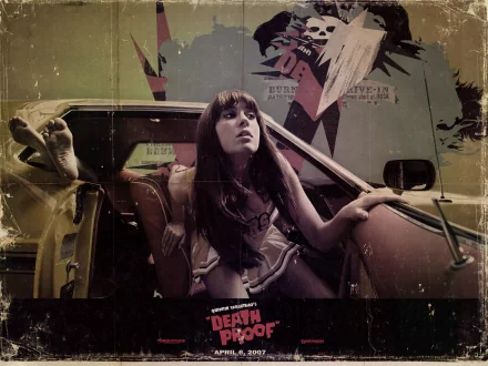 HD PC desktop wallpaper/background for the movie Death Proof: gritty retro poster of a woman climbing out of a vintage car amid distressed textures and muted tones.