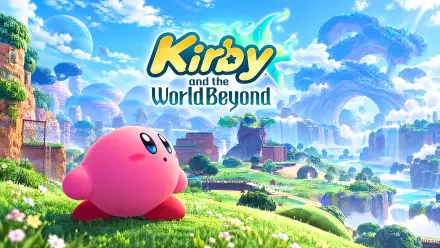 4K Ultra HD PC desktop wallpaper: Kirby from Kirby and the World Beyond stands on a grassy hill, gazing across vibrant floating islands and rolling hills in a colorful video game world.