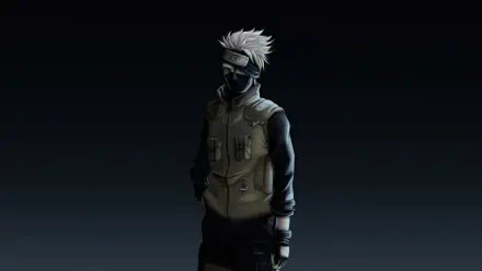 Kakashi Hatake from Naruto in a shadowed pose with mask and forehead protector against a dark gradient — 5K Ultra HD PC desktop wallpaper.