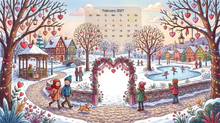 February 2027 calendar 5K Ultra HD PC desktop wallpaper: snowy village square with heart-shaped arch, valentine decorations, skating pond and cozy houses.
