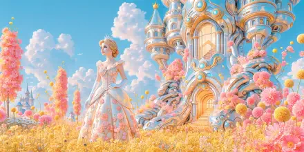 Cinderella princess in a floral gown stands in a golden flower field before a pastel fairy-tale castle — 2K Quad HD PC desktop wallpaper and background.