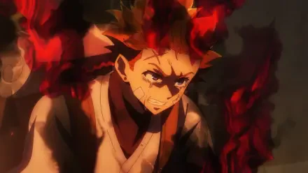 HD PC wallpaper: The Vermilion Mask — anime scene of a fierce young man in a vermilion mask, wreathed in roaring red flames.