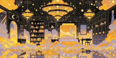 2K Quad HD PC desktop wallpaper and background: chandelier- and lamp-lit room with floating golden clouds, bookshelves, a cozy bed and mirrored floor reflecting twinkling lights.