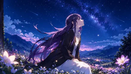 Frieren from Frieren: Beyond Journey's End sits in a moonlit flower meadow, gazing at the Milky Way — anime 2K Quad HD PC desktop wallpaper and background.