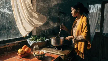 2K Quad HD PC desktop wallpaper: woman cooking in a sunlit rustic kitchen, stirring a pot by a window with bowls of fruit and vegetables on the counter.