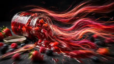 HD PC desktop wallpaper: spilled jar of strawberry jam with flowing red swirls and scattered fresh strawberries on a dark background.