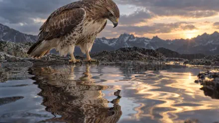 Majestic hawk/eagle bird of prey perched on rocky shore, gazing at its rippled reflection as the sun sets — 4K Ultra HD PC desktop wallpaper and background.