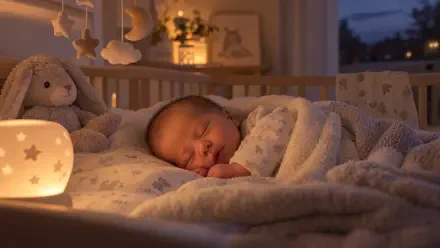 4K Ultra HD PC desktop wallpaper/background: sleeping newborn baby in a cozy crib, wrapped in a soft blanket beside a warm nightlight.
