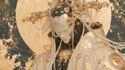 Ornate cyborg portrait of a masked, statue-like figure in gilded armor with flowing cables and a textured golden halo — 2K Quad HD PC desktop wallpaper.