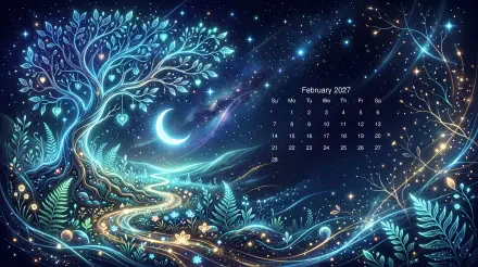 February 2027 calendar over a 5K Ultra HD PC desktop wallpaper: a glowing crescent moon, a luminous tree and enchanted forest at night with swirling stars and glowing foliage.
