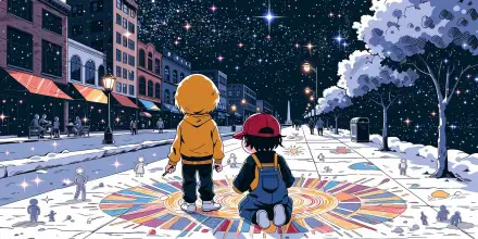 2K Quad HD PC desktop wallpaper: two children with sidewalk chalk on a city street creating colorful mandala chalk art beneath a starry night sky.