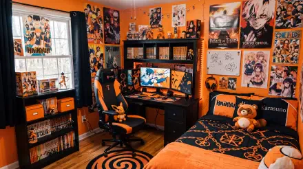 Vibrant anime room and bedroom with orange walls, posters, manga shelves, gaming PC, ergonomic chair, plush-topped bed — 5K Ultra HD PC desktop wallpaper and background.