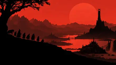 Middle Earth silhouette landscape: travelers on a ridge heading toward jagged mountains and dark towers under a blood-red sun — 4K Ultra HD PC desktop wallpaper background.