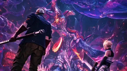 4K Ultra HD PC wallpaper/background from the video game Final Fantasy VII Revelation: Cid and a blond ally confront towering Jenova amid a glowing purple-red cavern.