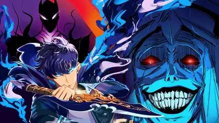 4K Ultra HD PC wallpaper of Solo Leveling: Karma showing Sung Jinwoo in anime style, gripping a glowing sword while a grinning demon with blue flames looms behind.