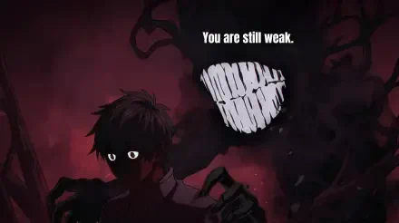2K Jujutsu Kaisen / Jujutsu Kaisen 0 anime wallpaper: shadowed protagonist and a grinning curse looming with the text You are still weak — motivational, dark.