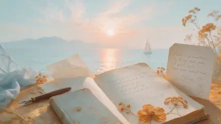 Poetcore 2K Quad HD PC desktop wallpaper: open notebook and book with dried flowers and pen on a sunlit seaside, sailboat gliding at sunset.