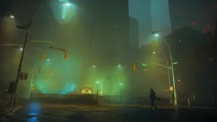 Control Resonant: foggy neon-lit city street at night with a lone figure under teal streetlights; 4K Ultra HD PC desktop wallpaper and background.