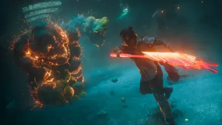 4K Ultra HD PC desktop wallpaper: Dylan Faden engages a glowing armored monster in an underwater battle, red energy blade slashing as bioluminescent debris drifts—Control Resonant aesthetic.