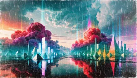 Vivid abstract landscape-cityscape with neon geometric towers, colorful cloudbanks and rain-swept reflections on water — 2K Quad HD PC desktop wallpaper and background.