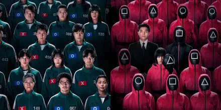 HD PC desktop wallpaper/background: Squid Game scene with rows of red‑hooded guards wearing circle/triangle/square masks and numbered players in green tracksuits.