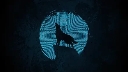 Wolf digital art 4K Ultra HD PC desktop wallpaper: silhouetted wolf howling on a rocky ledge with a glowing concentric blue circle on a dark textured background.
