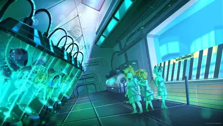 4K Ultra HD PC wallpaper: moe anthropomorphic cat-girl Os-tan in a neon sci-fi lab, glowing specimen tanks and futuristic equipment across a sleek laboratory corridor.