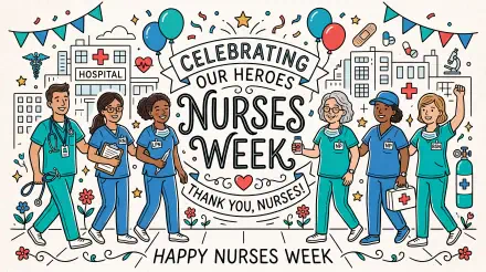 5K UHD wallpaper: colorful hospital scene celebrating Nurses Week — diverse nurses in scrubs, balloons and banners reading Celebrating Our Heroes and Thank you, nurses!