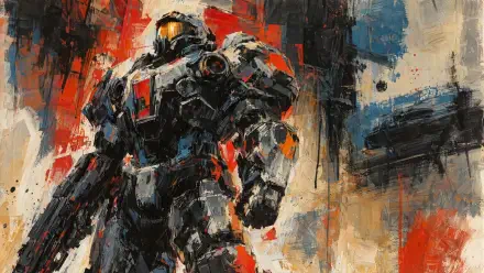4K Ultra HD PC desktop wallpaper/background showing a towering power armor mecha in heavy plated suit, streaked with red and blue paint against a textured industrial battlefield.